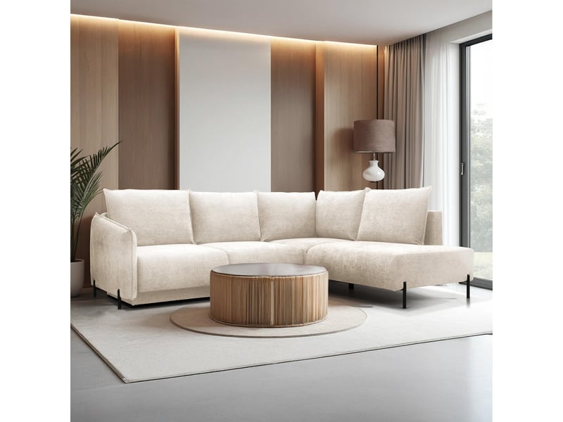 Canapé D'angle Droit RUNILIO – Tissu Beige – 5 Places – Déhoussable – Dimensions 274 X 160 X 85 Cm
