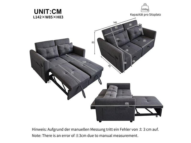 Canapé Convertible 2 Places En Tissu Lin - Lit Double Gigogne - Gris Ou Beige - Dimensions 201x97x85 Cm - Montage Facile