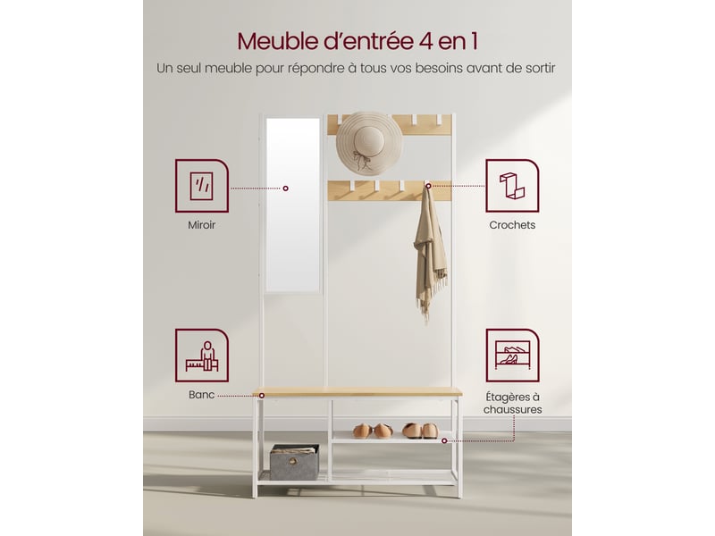 Meuble D'entrée 3 En 1 HOMCOM - Porte-manteau, Miroir, Banc à Chaussures Avec Coussin, Rangement Pratique
