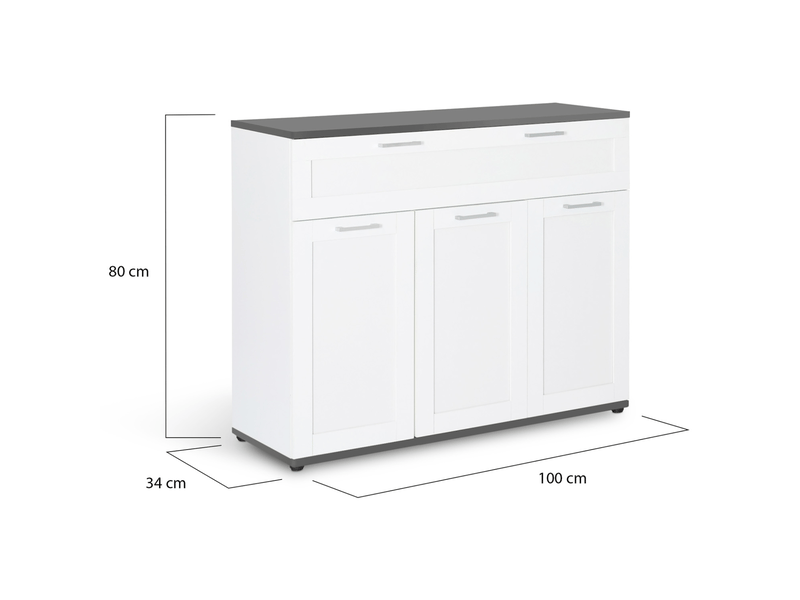 Buffet VITO 100 Cm Blanc Plateau Bois - Meuble Rangement 3 Portes 1 Tiroir Style Campagne Chic Moderne