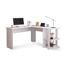 Bureau D'Angle SHOWHA En L 140x80x86 Cm Blanc - 2 Tiroirs Tissu + Étagère + Support Écran