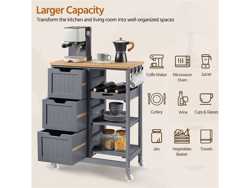 Chariot De Rangement 4 Tiroirs Sur Roulettes - Plateau Bois - Gris - Pour Cuisine, Salon, Bureau - 2
