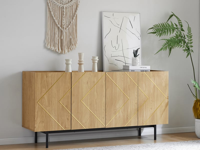 Buffet Moderne 120x30x80 Cm Noir - 4 Portes, étagères Réglables, Cadre Métal Doré