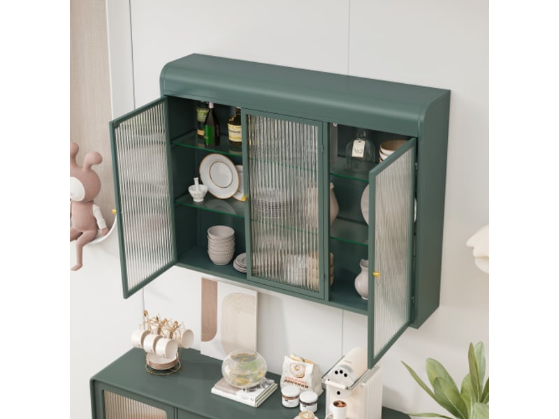 Armoire Murale Rétro En Verre Avec étagères Amovibles - Blanc - Pour Salon, Cuisine, Bureau, Salle De Bain - Portes Vitrées