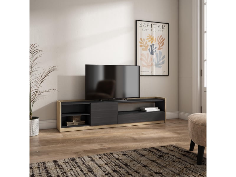 Meuble TV, Banc Télé, Grand espace de Rangement, 200x35x45cm, Pour les TV jusqu'à 80, Chêne, RF3312 - Maison Meuble TV, Banc Télé, Grand espace de Rangement, 200x35x45cm, Pour les TV jusqu'à 80, Chêne, RF3312 - Maison