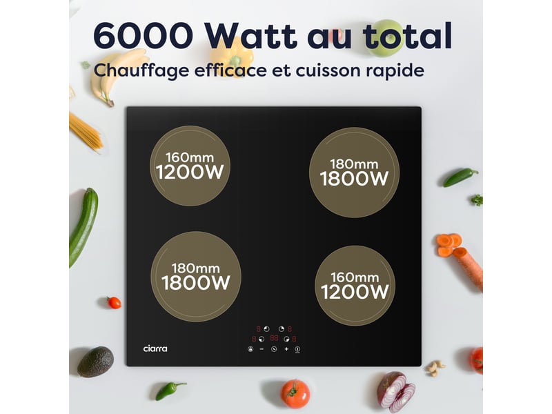Plaque De Cuisson Electrique Plaque Induction 4 Foyers Ciarra 6000W - Encastrable Tactile | Cuisson Rapide Et Économique Cuisson Encastrable
