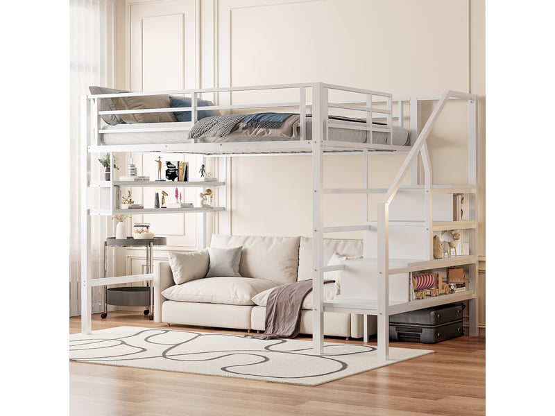 Lit Mezzanine Enfant 140x200 Avec Rangements, échelle Et Leds - Espace Jeu Et Sommeil Fun Et Sécurisé