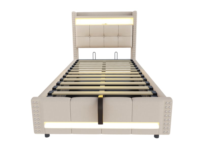 Canapé-lit 90x190 Avec LED RGB Et Prises USB, 2 Tiroirs - Cadre Métal, Transformable Banquette Pour Studio Ou Chambre