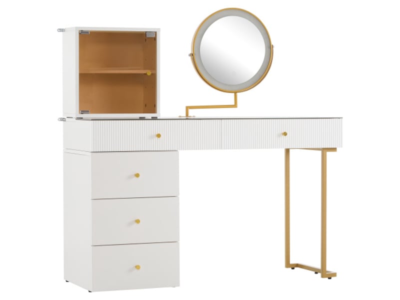 Coiffeuse Avec Miroir LED En Forme De Cœur - Bureau De Maquillage 4 Tiroirs Et Étagères Avec Tabouret
