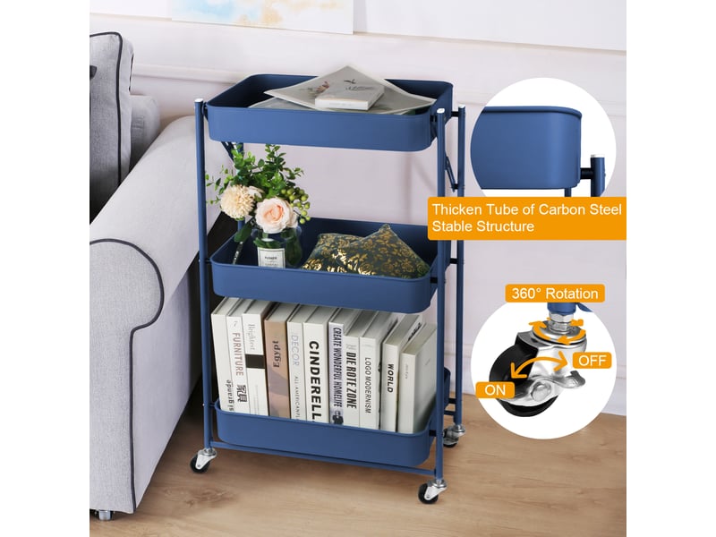 Chariot De Rangement Pliable 3 Niveaux - 46x29x78cm - Roulettes Avec Freins - Vert - Todeco - Pour Cuisine, SdB