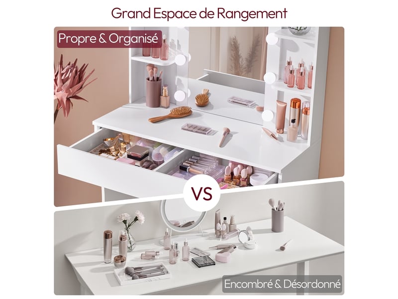 Coiffeuse FIONESO Avec Miroir LED 10 Lumières – 3 Couleurs Réglables – Prise USB – 2 Tiroirs + 4 Étagères – Blanc Moderne