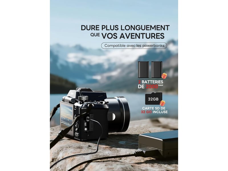 Caméra Numérique 64MP 4K – Zoom Optique 10x, Vlogging YouTube, WiFi, HDMI, Flash, Carte 32GB Incluse (Noir)