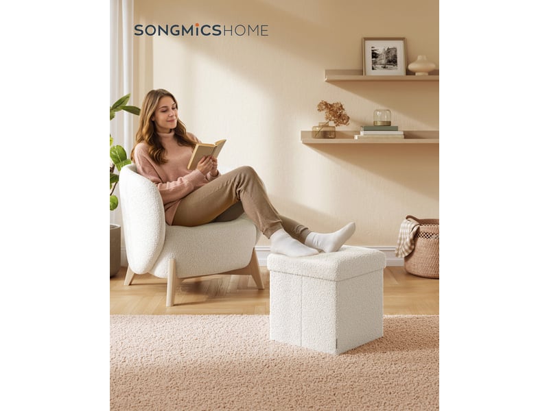 Tabouret De Rangement SONGMICS HOME - Pouf Pliable, 38x38x38 Cm, Capacité 300 Kg, Rangement 43 L, Design Sourire, Blanc Crème