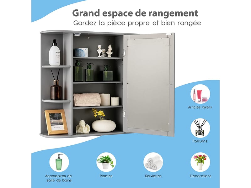 Armoire De Salle De Bain Avec Miroir – Meuble Mural Rangement étagères Réglables – Cadre Noir Mat 51x66 Cm