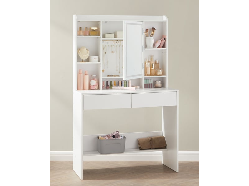 Coiffeuse Avec Miroir LED 3 Modes - 3 Tiroirs + 5 Étagères, Blanc Moderne