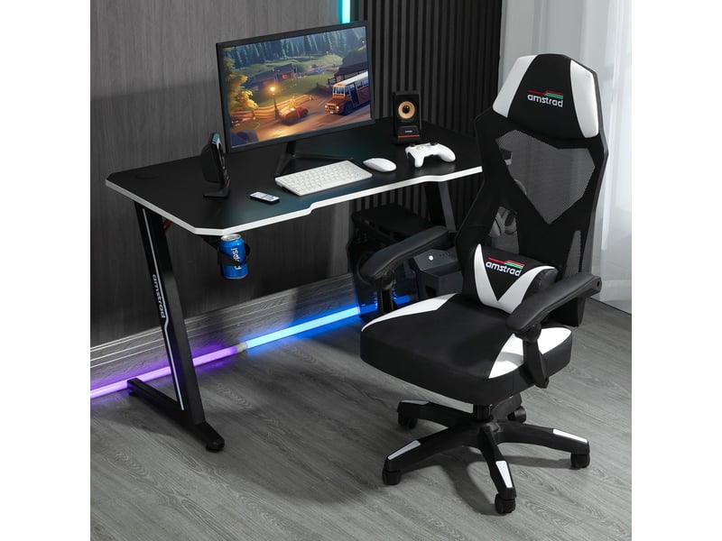 Bureau Gamer KESSER Forme Z 120x60 Cm – Blanc – Fibre De Carbone – Porte-Gobelet, Crochet Casque, Gestion Câbles