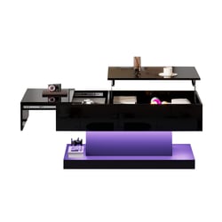 Table Basse Relevable Moderne - Plateau Ajustable 100x50x45 Cm - Éclairage LED Commande Appli - 2 Tabourets Et Tiroirs Intégrés - Salon Multifonction Noir