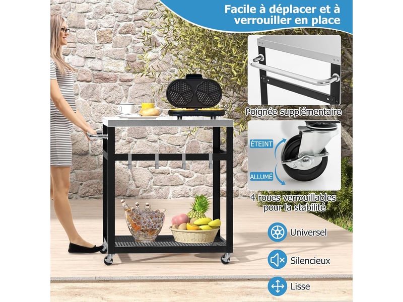 Chariot De Barbecue Mobile Avec Plan De Travail Acier Inox - 2 étagères, Portes, Noir, 154x60x85,5 Cm