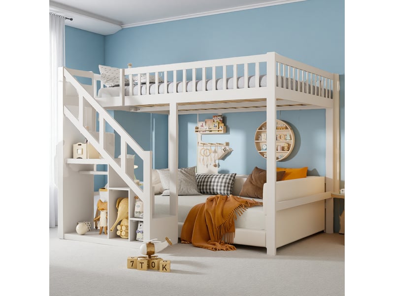 Lit Mezzanine Enfant 90x200 Cm – Avec Escalier Rangement & Barrière – Bois Blanc – Transformable En 2 Lits - 9