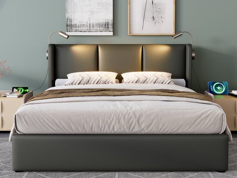 Lit Double 160x200 Avec LED, USB, Rangement - Cadre Rembourré Lin Gris, Sommier Lattes, Charge 300kg