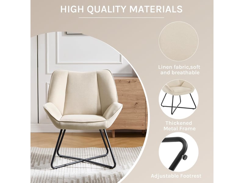Fauteuil Relax Scandinave WOLTU - Dossier Haut, Tissu Lin, Pieds Bois Massif - Crème Blanc (64x66.5x81.5 Cm)