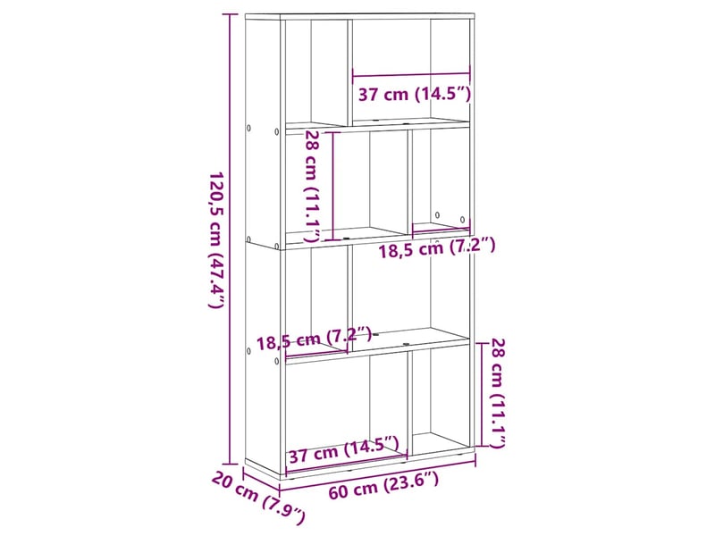 Bibliothèque Blanc 60x20x120 Cm - Bois D'Ingénierie, 8 Compartiments, Capacité 80 Kg - Pour Salon, Bureau, Chambre