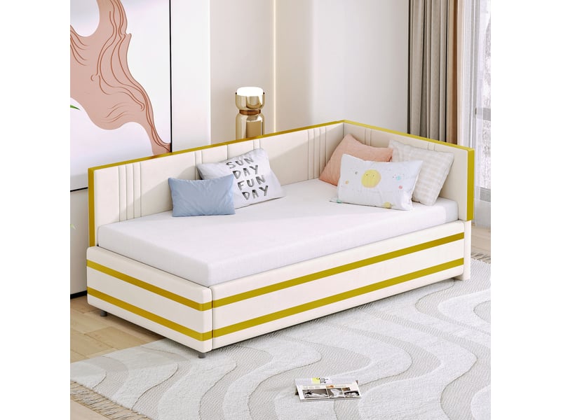 Canapé-lit 90x200 Cm - Décoration Clous - Tissu Lin Et MDF - Beige - Sans Matelas - Charge 200 Kg