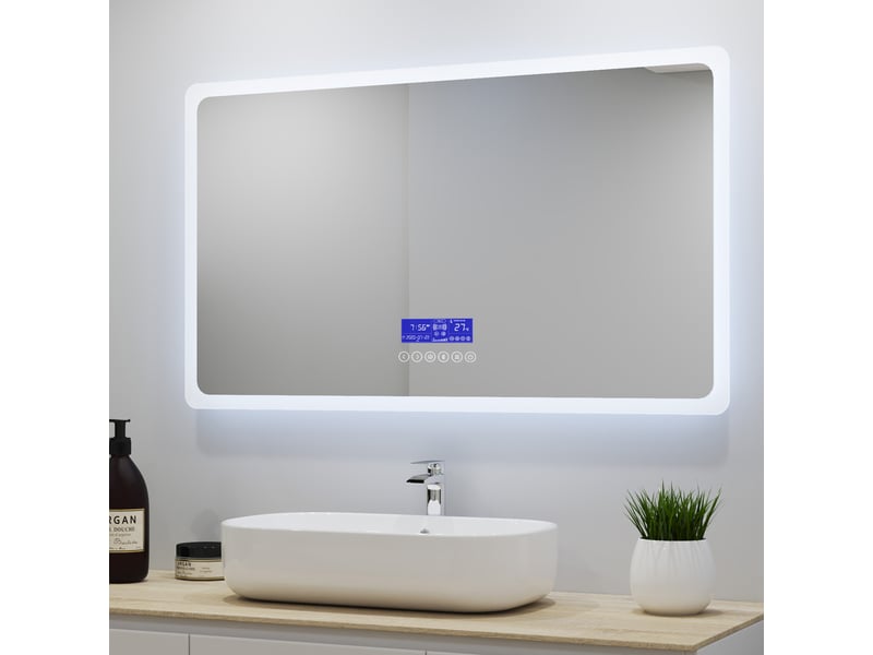 Miroir De Salle De Bain LED Moderne Wilno Avec Bluetooth, Horloge Et Interrupteur, Argenté, Neuf