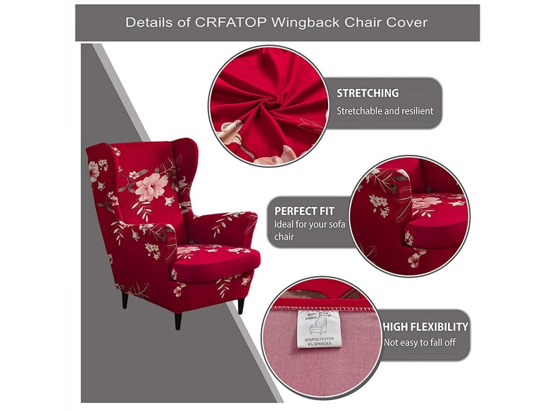 Housse De Fauteuil à Oreilles Extensible 2 Pièces Highdi - Couverture Protection Imprimée Fleur Rouge Avec Housse De Coussin