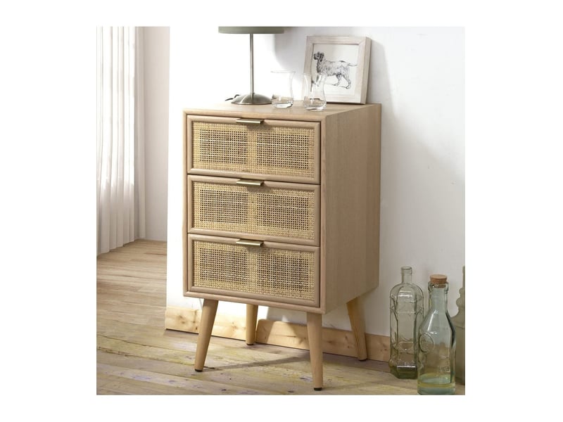 Commode 5 Tiroirs En Rotin Cannage - Dimensions 60x34x91 Cm, Bois Et MDF - Rangement Chambre, Salon, Bureau - 5
