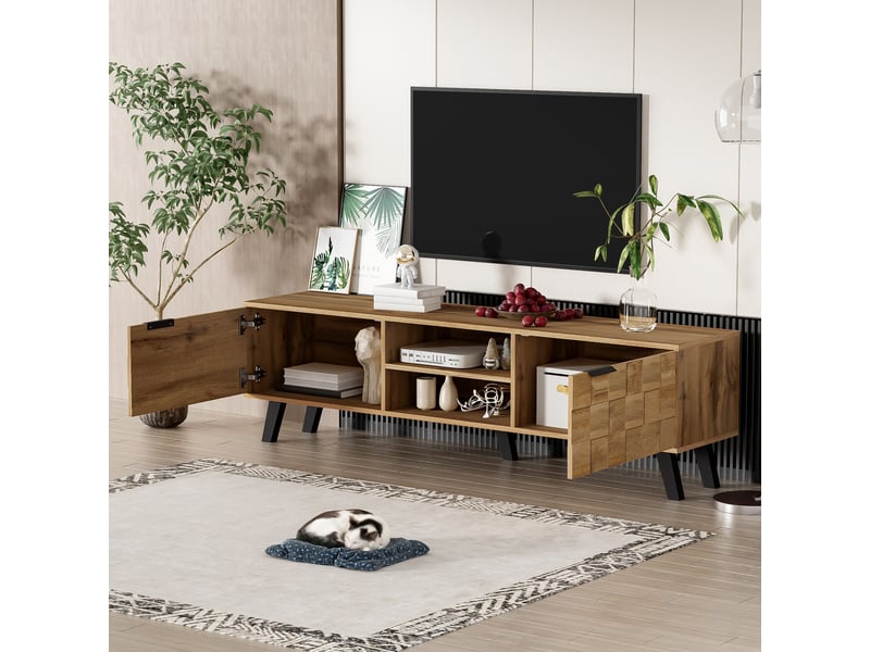 Meuble TV Avec éclairage LED Et Prises Intégrées - 160x35x50 Cm, étagères En Verre Amovibles - Noir/marron