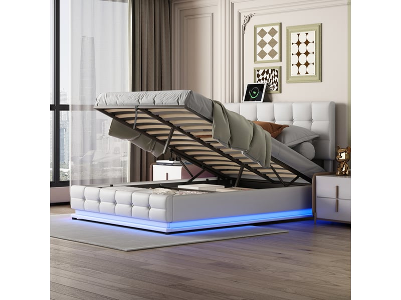Lit Capitonné Avec éclairage LED Et Matelas Mousse Froide 140x200 Cm | Gris Foncé, Cuir Synthétique