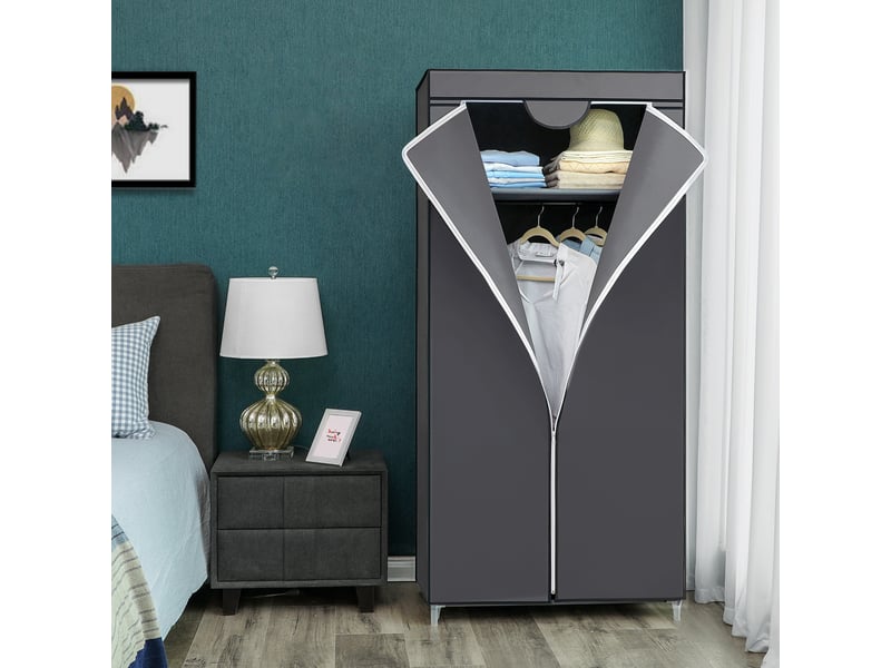 Armoire En Tissu Pliable Anmas Power Pour Chambre - 185x45x170 Cm, 5 Tiroirs, 2 Tringles, Gris-blanc