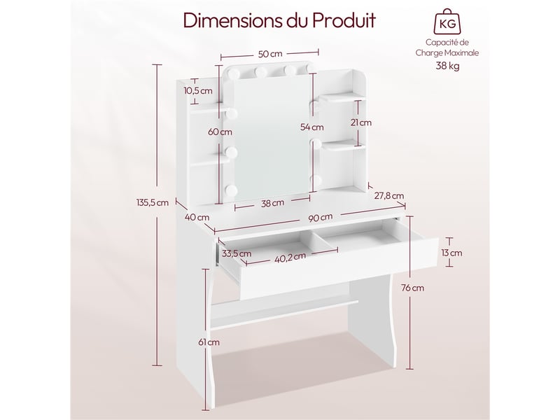 PREMTURE Coiffeuse avec Miroir LED et 5 tiroirs, Blanche, 80 x 40 x 135