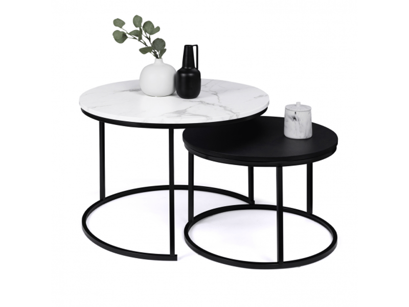 Tables Basses Gigognes Imitation Marbre - 2 Tailles (70x45cm Et 45x40cm), Structure Métal Doré/noir - Pour Salon Moderne - 7