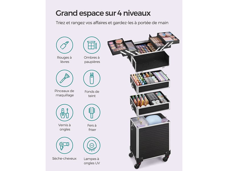 LEADZM Valise de Maquillage Professionnelle 4-en-1 avec Lumières LED, Prise USB, Mallette Cosmétique en Aluminium Verrouillable, roulettes 360°, pour Voyage, Maquillage, Manucure et Coiffure