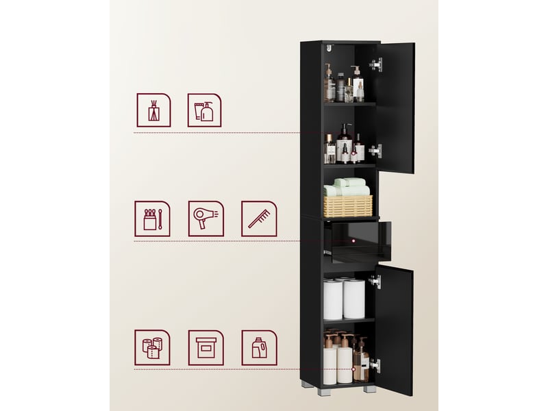 Meuble Colonne Salle De Bain Noir - Armoire D'angle Avec Porte, Tiroir Et étagères Réglables - 30x30x138,6 Cm