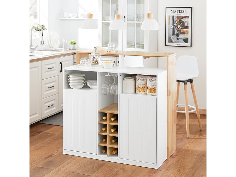 Îlot Central Cuisine Extensible Avec Roulettes - Table à Manger/buffet Avec Prises | Meuble Multifonction Blanc Et Noir - 4