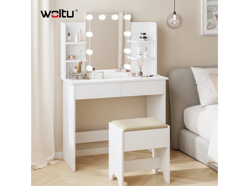 Coiffeuse Avec Miroir LED Réglable - 70 Cm De Large - 3 Tiroirs En Tissu - Bureau Et Table De Maquillage 2 En 1 - Blanc