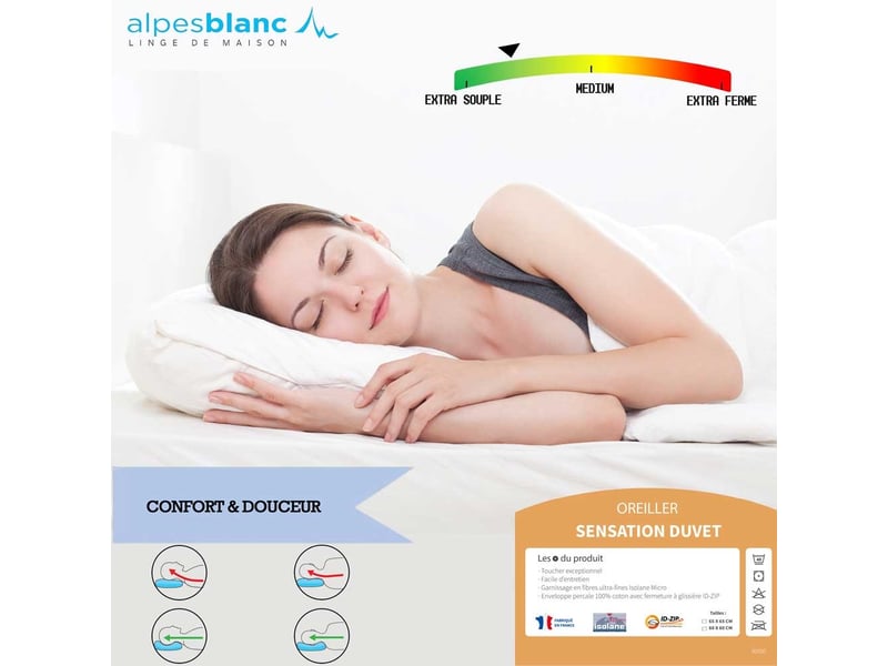 Oreiller DODO Premium 50x70 - Confort Medium, Anti-acariens, Percale Coton, Fabriqué En France