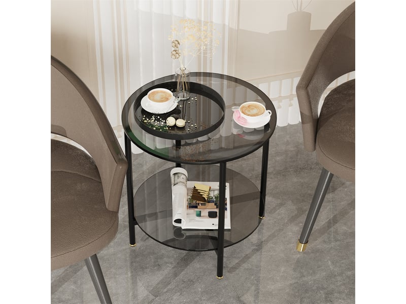 Table Basse Ronde Plateau Verre Trempé 50x50 Cm - Pieds Bois Massif, Design Moderne Pour Salon/Chambre