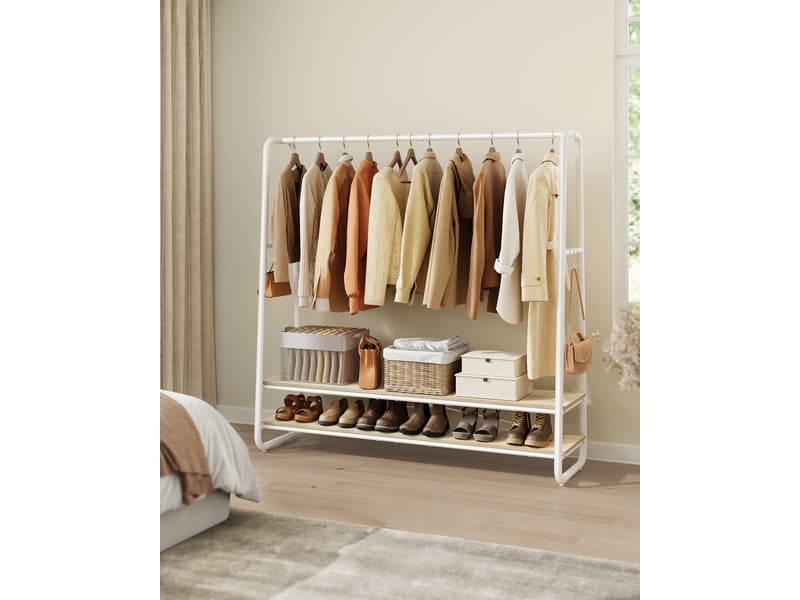 VASAGLE Portant à Vêtements Beige Naturel Et Blanc - 45 X 138 X 160 Cm Avec 2 Étagères Et 6 Crochets - Robuste Acier