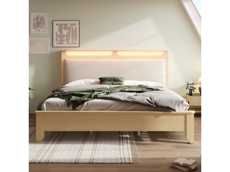 Lit Double Plateforme Avec Tête De Lit LED - Velours Côtelé Beige, Bois Chêne - 160x200 Cm - Sans Matelas - 8