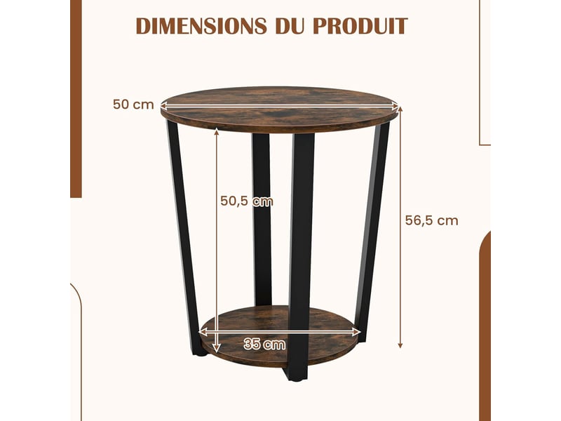 Table D’appoint Coemo Tamy – 2 Niveaux Ronds – Aspect Bois Marron, Cadre Métal Noir – 55 Cm De Haut – Pour Salon, Chambre, Couloir - 11