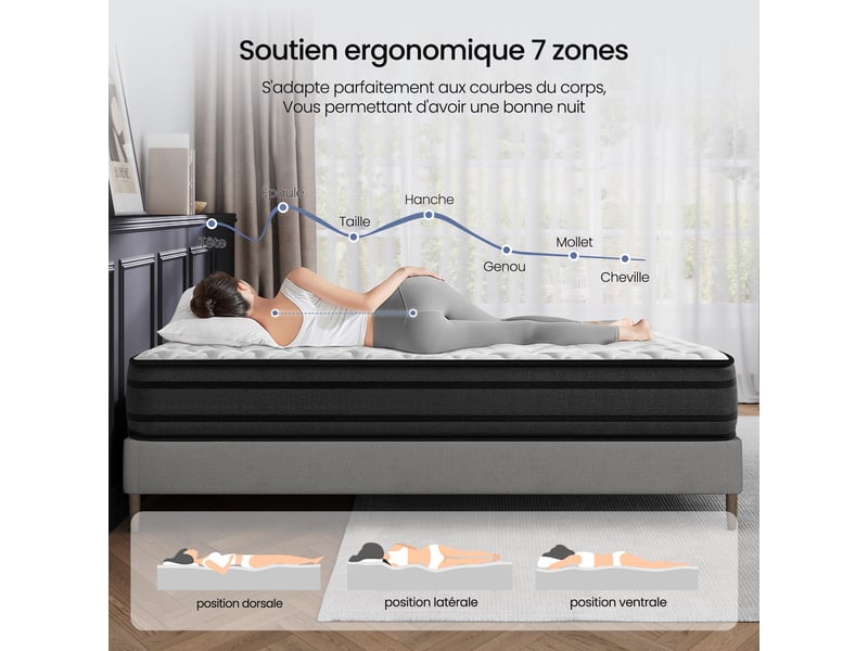 Matelas Hybride ACTISOM 160x200 Cm - 26 Cm Épaisseur - Mousse Mémoire Forme + Ressorts Ensachés - Ferme Et Confortable - 7 Zones De Confort - Avec Sommier à Lattes