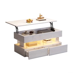 Table Basse Nicoleta Relevable - Blanc & Sonoma - 100x50x43,5 Cm - Mélamine Mate Avec Rangement