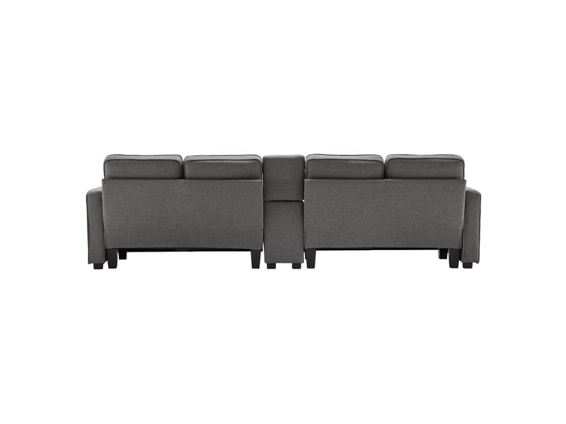 Canapé 4 Places Moderne Avec Console Centrale - Tissu Lin, 2 Ports USB, 2 Porte-gobelets, Poches Accoudoirs - Gris Foncé - 8