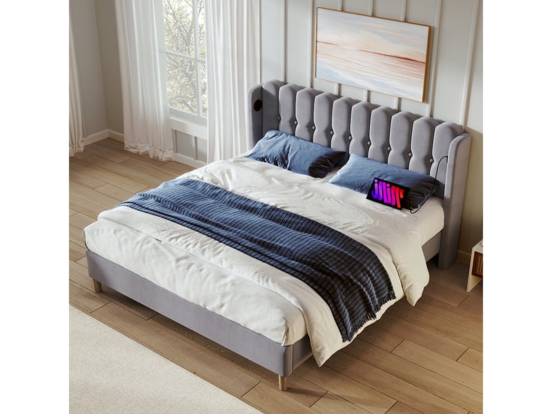Cadre De Lit Sommier à Lattes Rembourré VidaXL Double 160x200 Cm - Tissu Gris Foncé