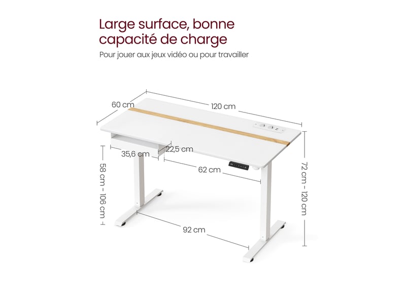 Bureau Assis-debout électrique 120x60cm - Réglable 73-118cm, Mémoire USB-C, Anti-collision, Blanc