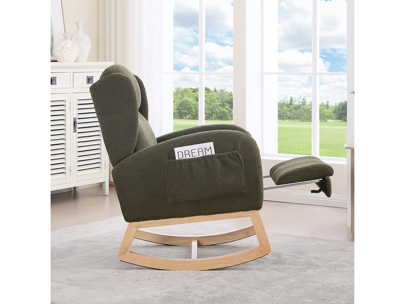 Fauteuil à Bascule Avec Dossier Haut - Polaire Douce Beige - Cadre Bois Et Métal - Charge 100 Kg - 68x75x92 Cm